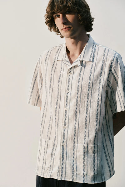 Short Sleeve Embroidery Shirt - White and Navy