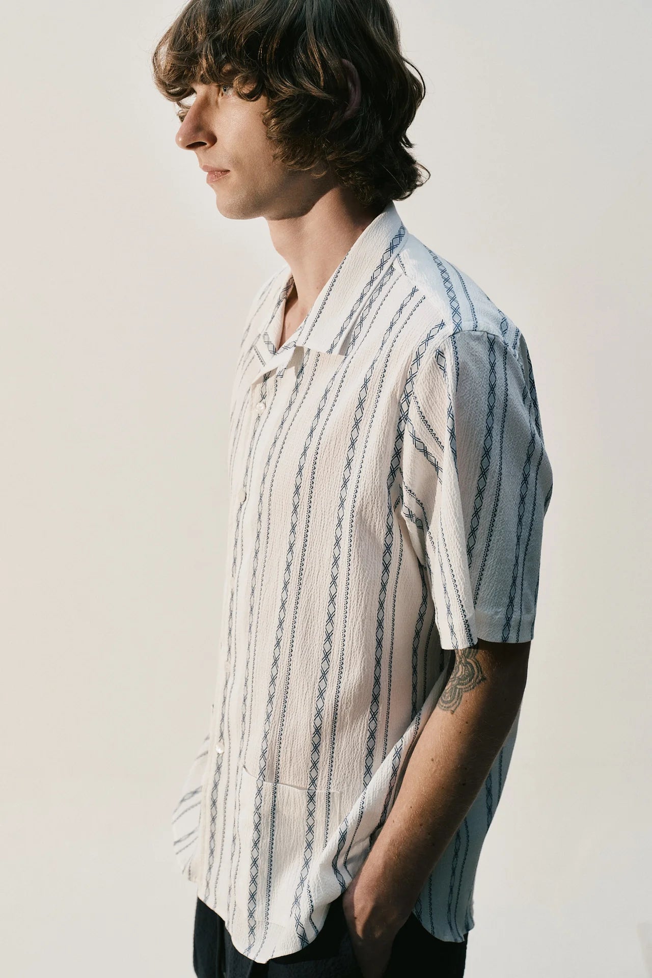 Short Sleeve Embroidery Shirt - White and Navy