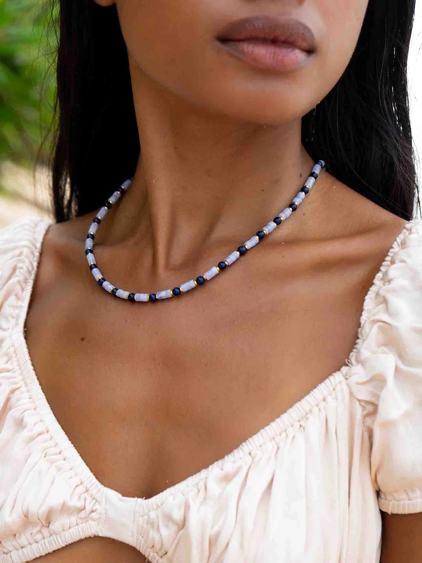 Susa Lapis Bead Necklace - Blue Agate and Lapis