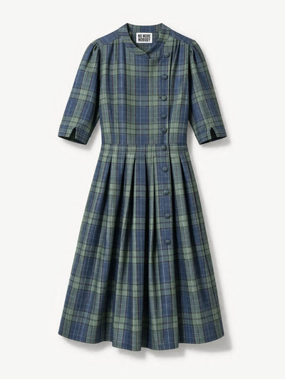 'NO MORE NOBODY' - Talitha Midi Dress Organic Linen - Green Multi Check