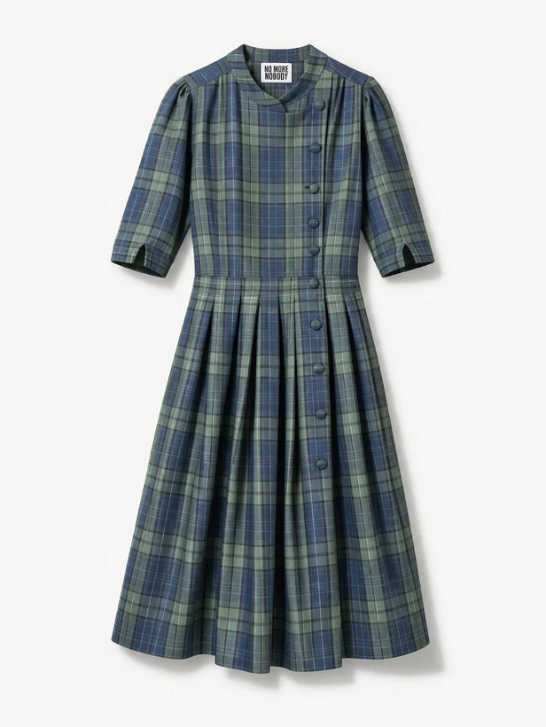 'NO MORE NOBODY' - Talitha Midi Dress Organic Linen - Green Multi Check