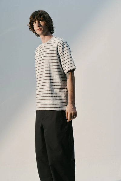 Terry Basic T-Shirt - Pearl Blue with Charcoal Stripes