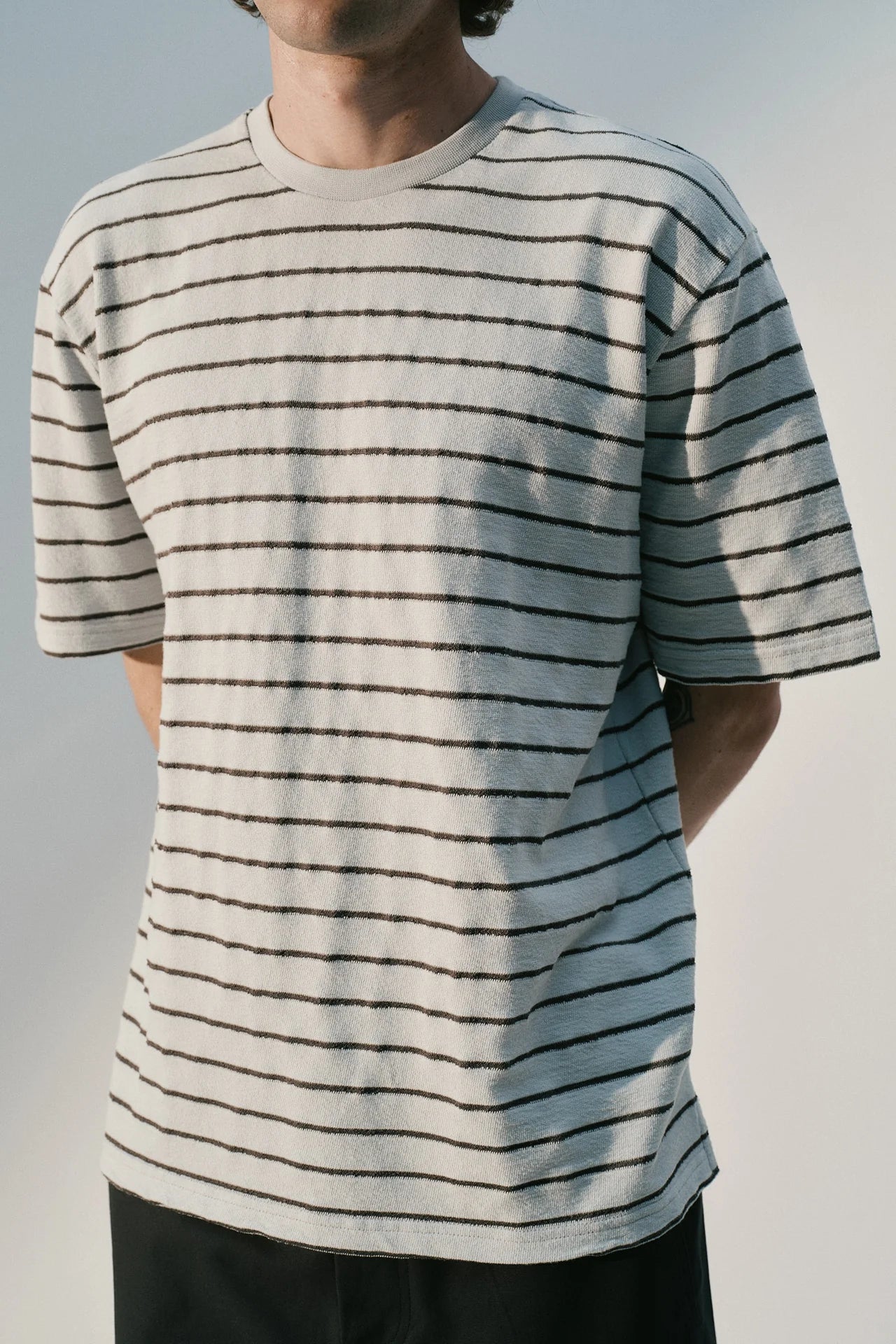 Terry Basic T-Shirt - Pearl Blue with Charcoal Stripes