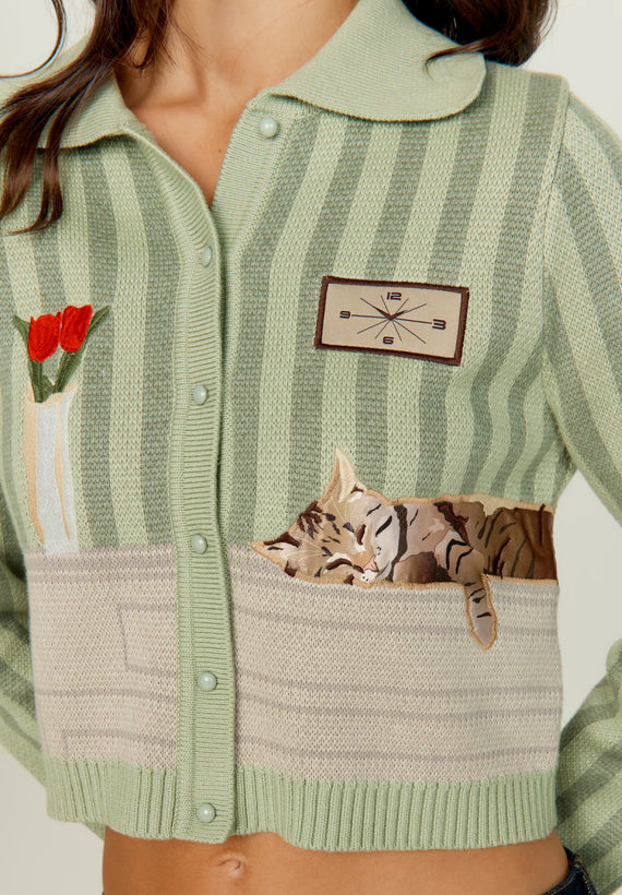 The Sleepy Cat Cardigan - Green Multi