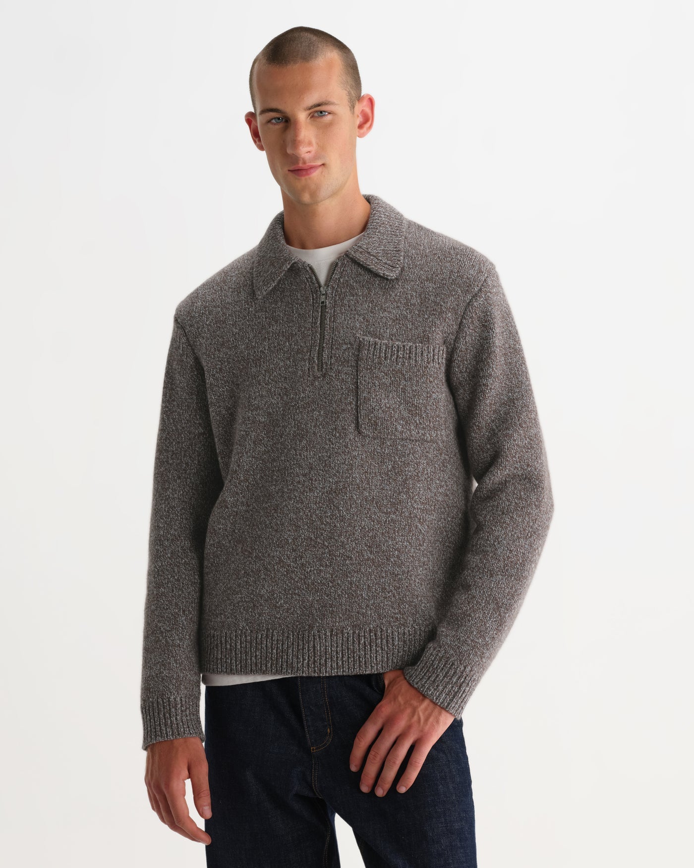 Alpha Zip Polo Twist Fleck Wool - Brown/Grey