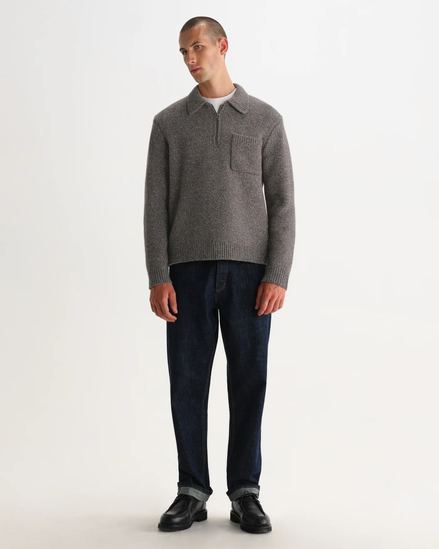 Alpha Zip Polo Twist Fleck Wool - Brown/Grey