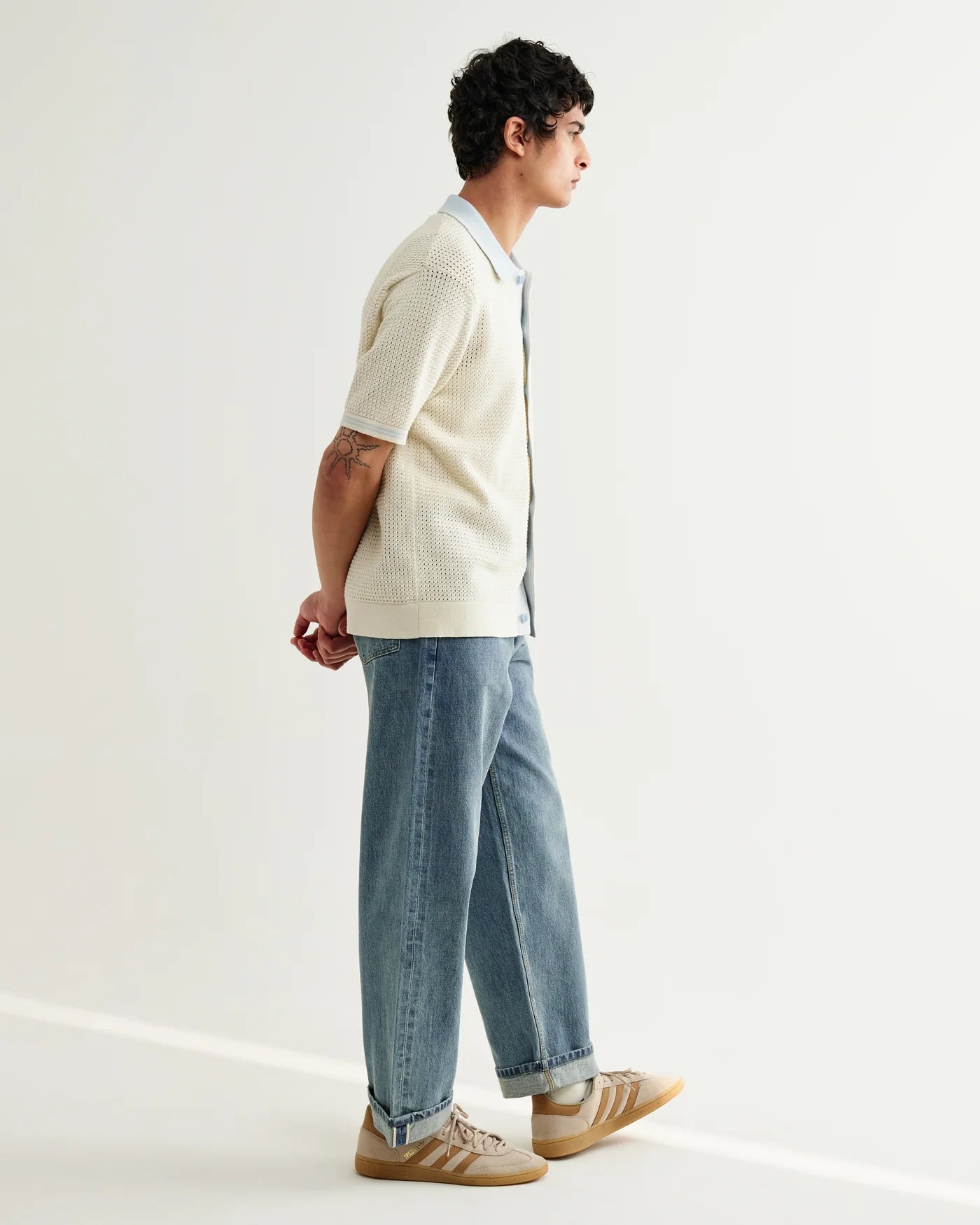 Belle Shirt Tipped Pointelle - Ecru / Pale Blue