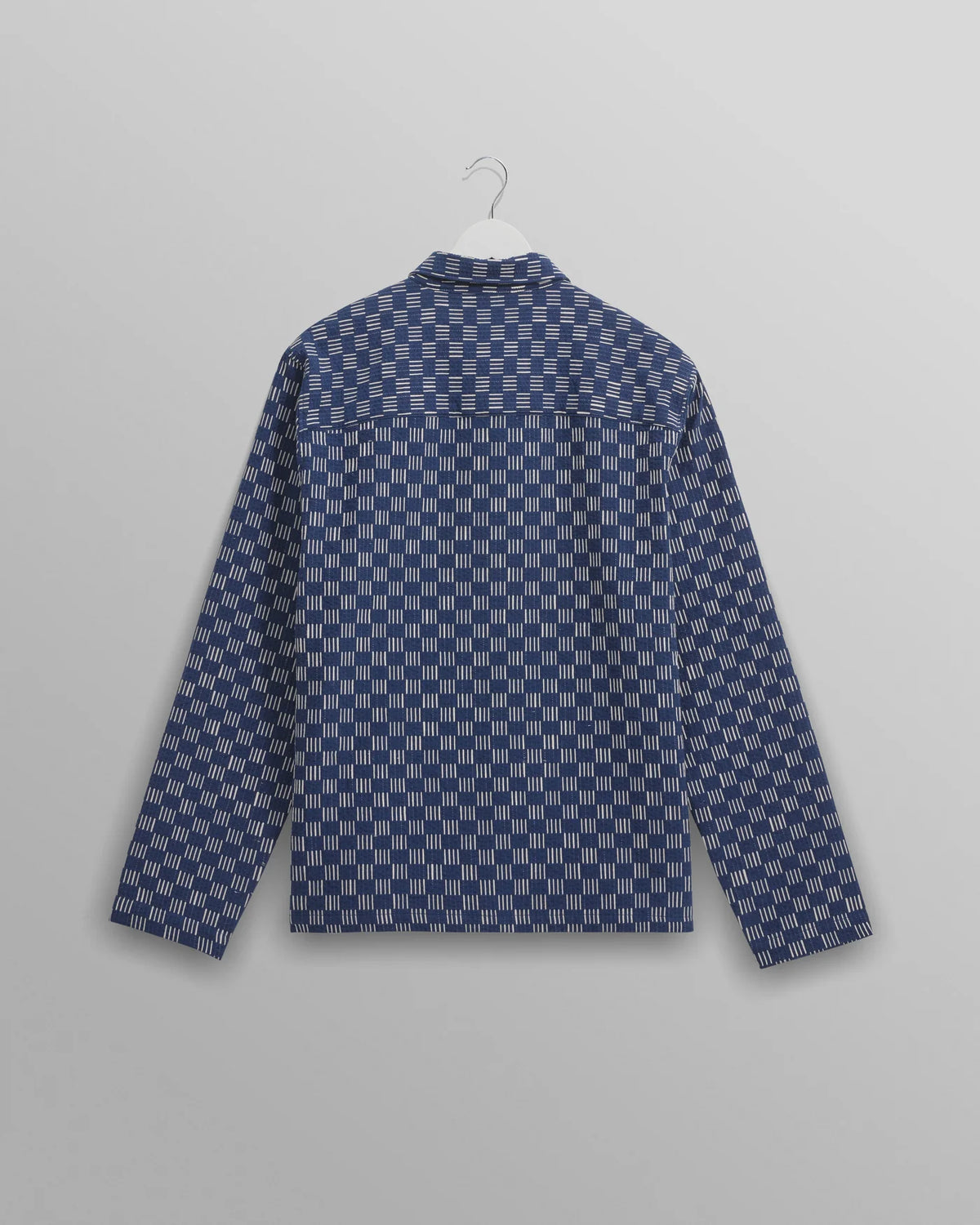 Breton Overshirt -  Indigo And Ecru Geometric Grid Stitch