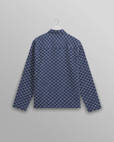 Breton Overshirt -  Indigo And Ecru Geometric Grid Stitch