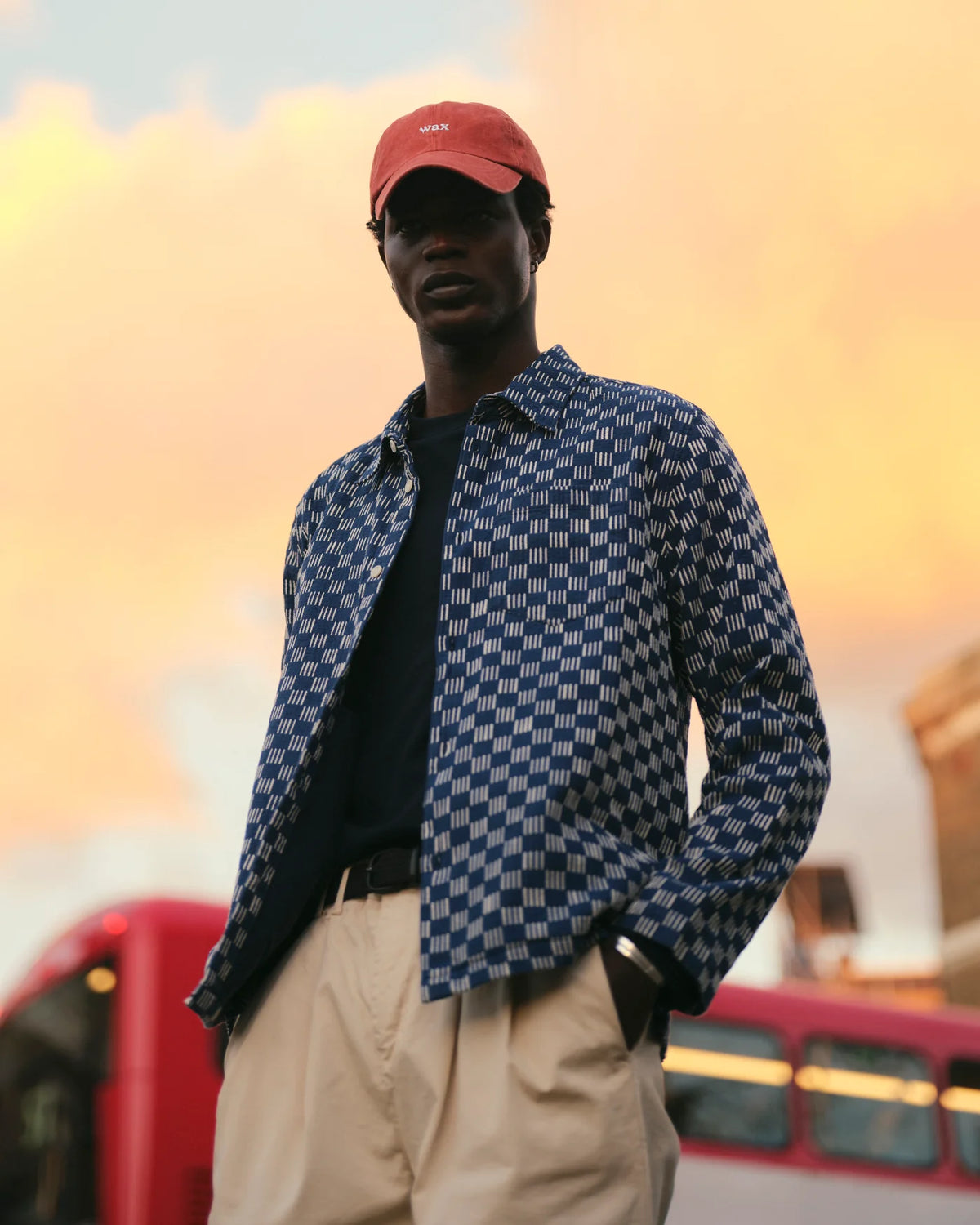 Breton Overshirt -  Indigo And Ecru Geometric Grid Stitch
