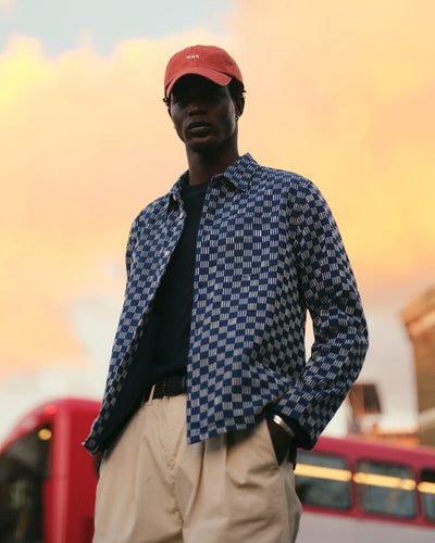 Breton Overshirt -  Indigo And Ecru Geometric Grid Stitch