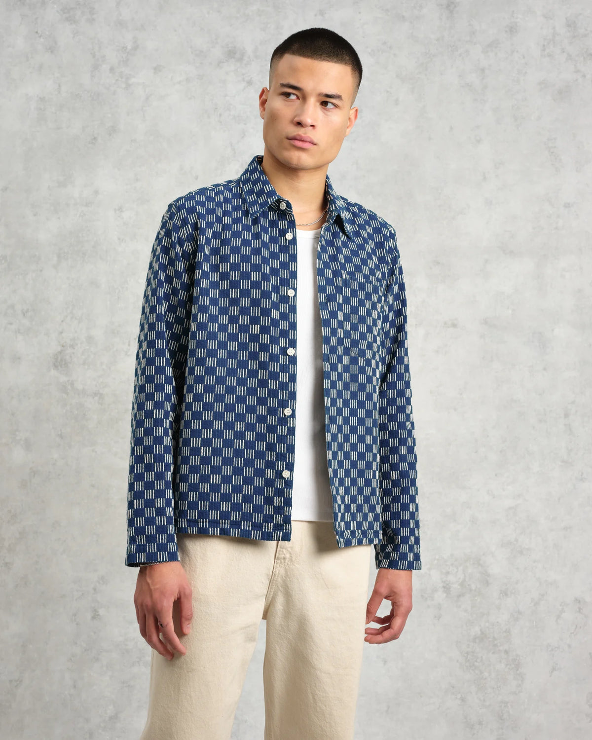 Breton Overshirt -  Indigo And Ecru Geometric Grid Stitch