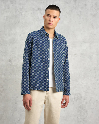 Breton Overshirt -  Indigo And Ecru Geometric Grid Stitch