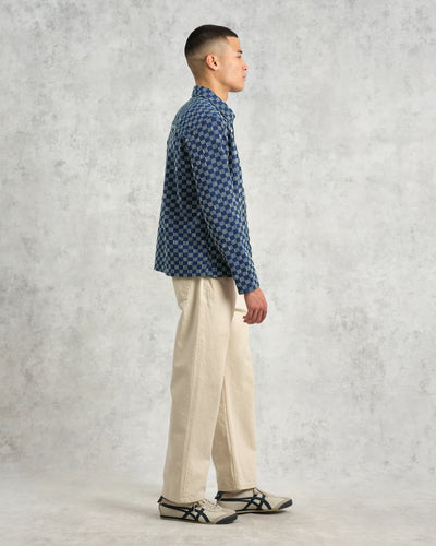 Breton Overshirt -  Indigo And Ecru Geometric Grid Stitch