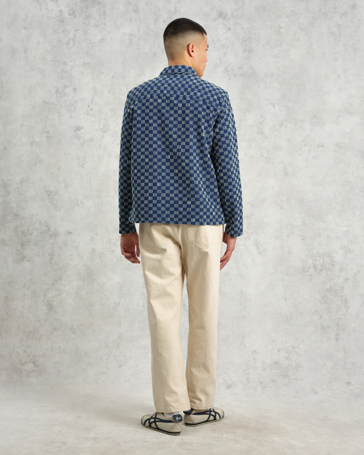 Breton Overshirt -  Indigo And Ecru Geometric Grid Stitch