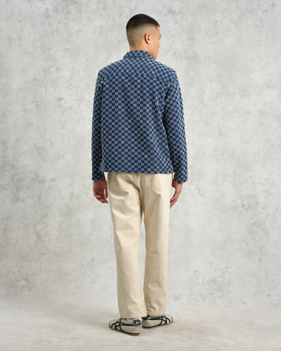 Breton Overshirt -  Indigo And Ecru Geometric Grid Stitch