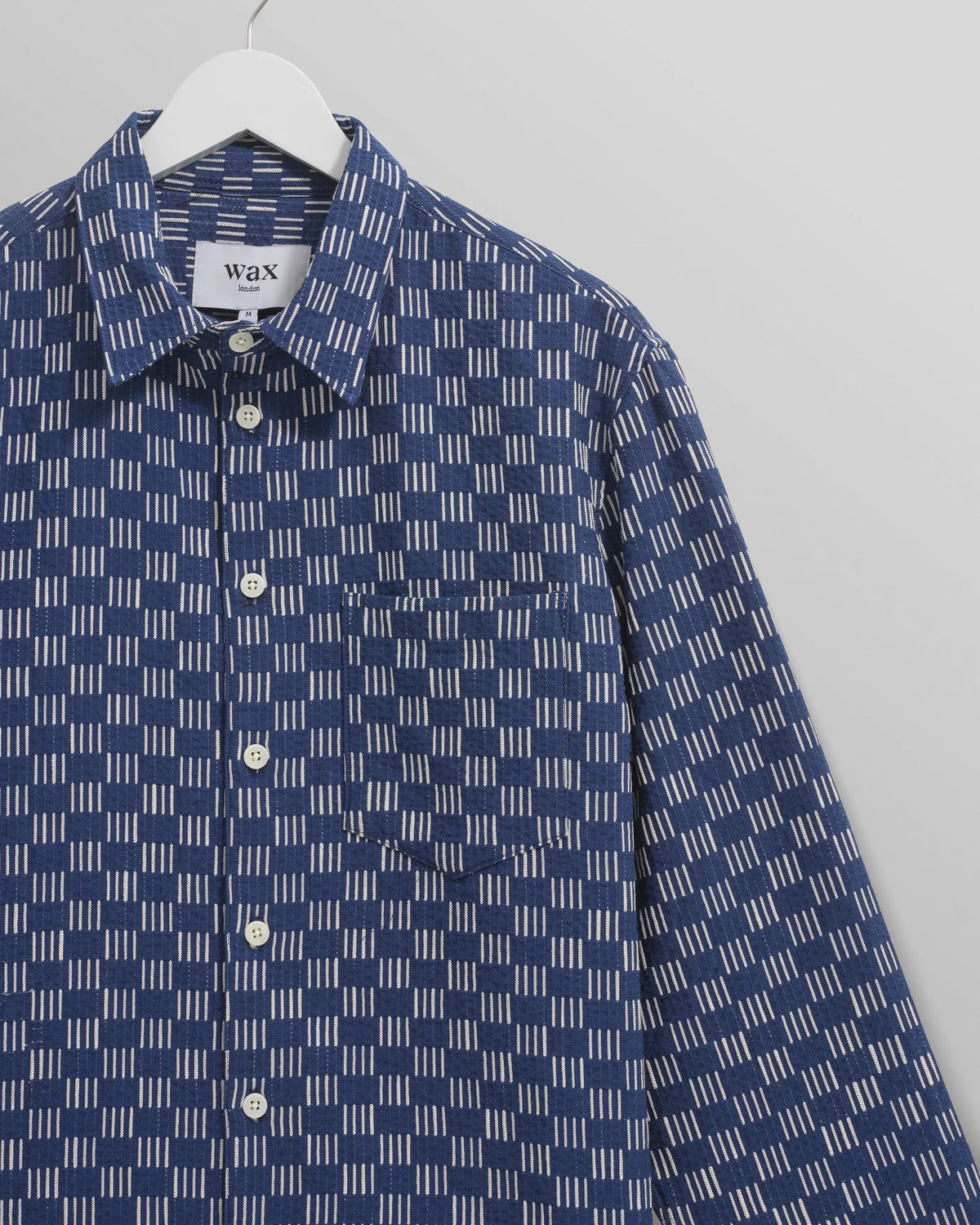 Breton Overshirt -  Indigo And Ecru Geometric Grid Stitch