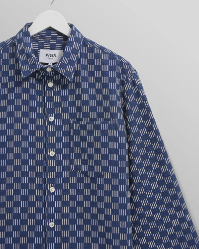 Breton Overshirt -  Indigo And Ecru Geometric Grid Stitch