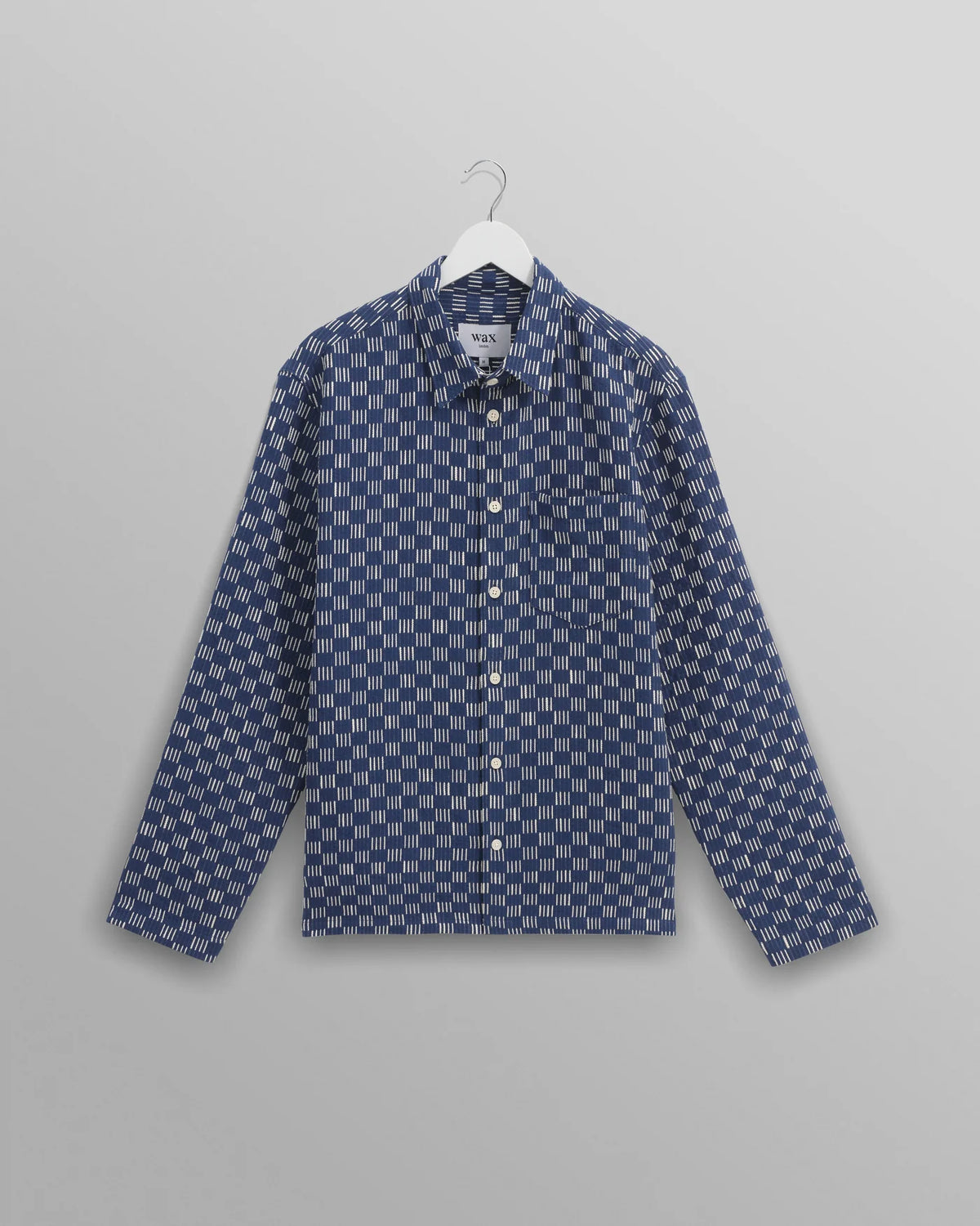 Breton Overshirt -  Indigo And Ecru Geometric Grid Stitch