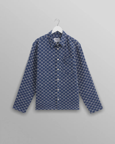 Breton Overshirt -  Indigo And Ecru Geometric Grid Stitch