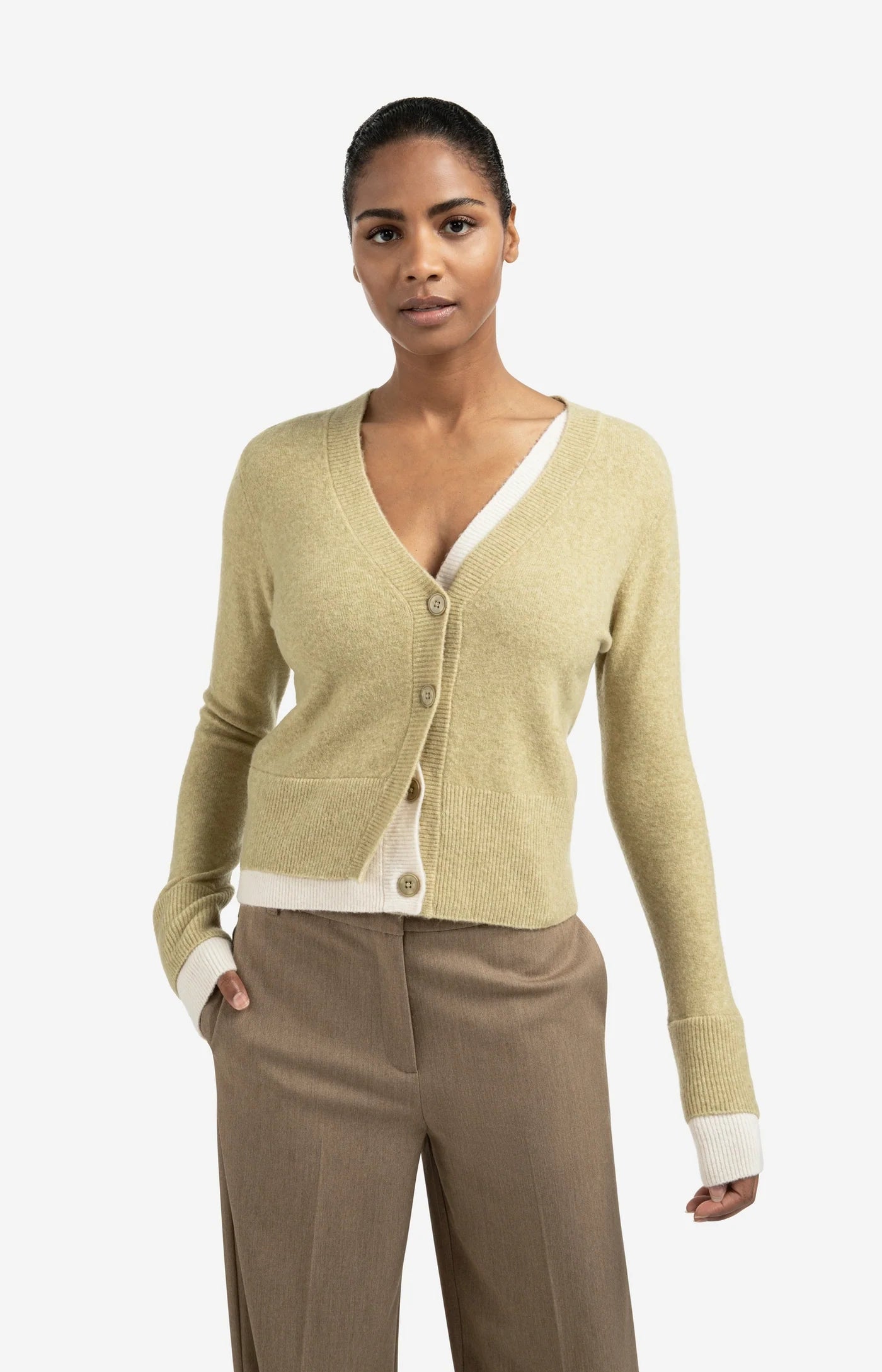 Cardigan with Contrast Details - Olive Green Melange