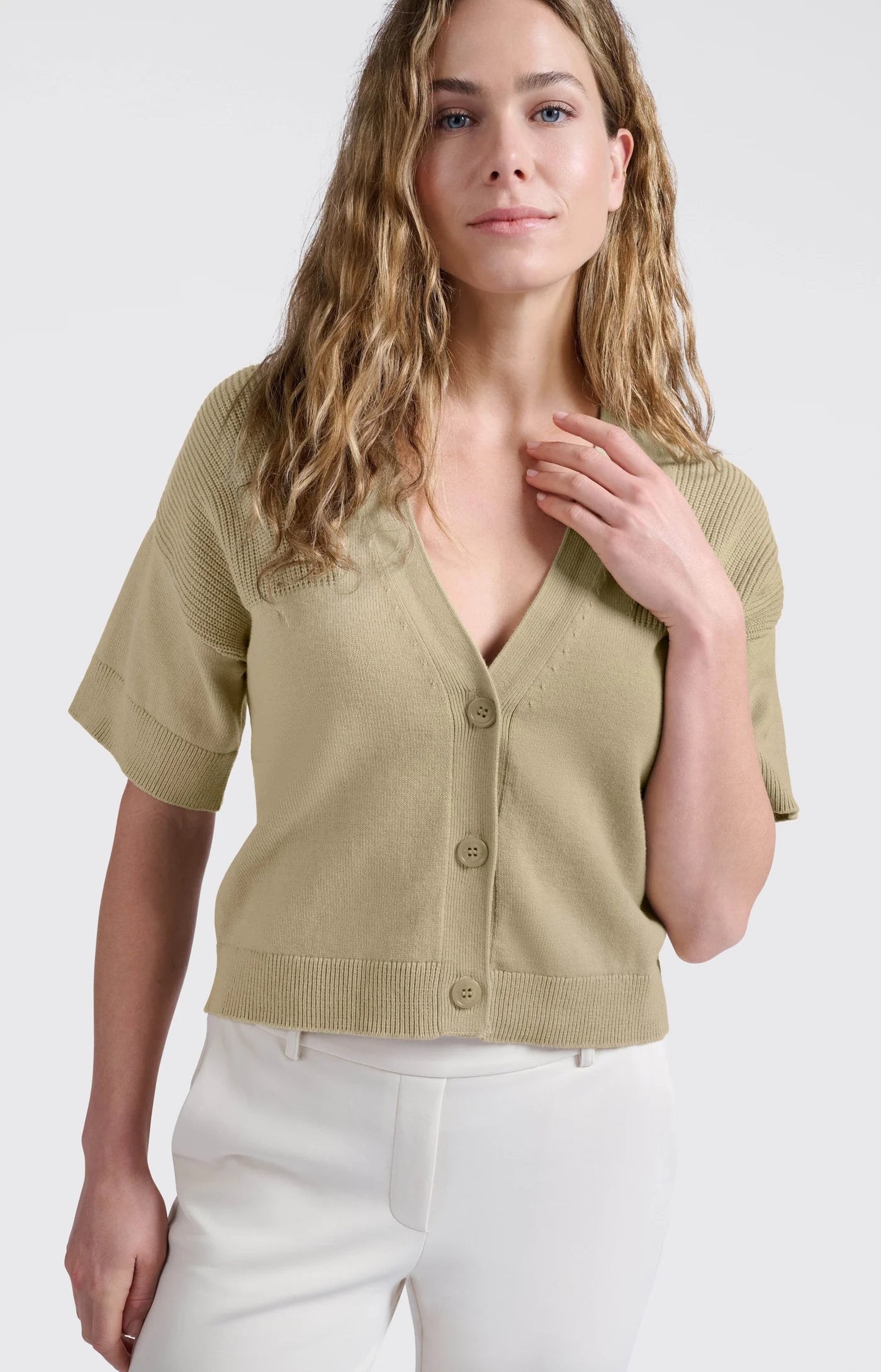 Cardigan with Ribbed Details - Soft Green