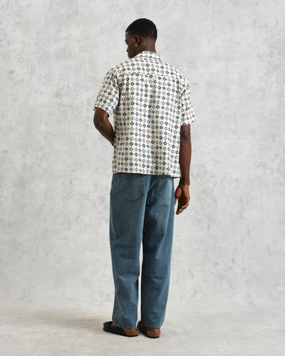 Didcot Seersucker Shirt - Ecru And Multicolour Geometric Tile