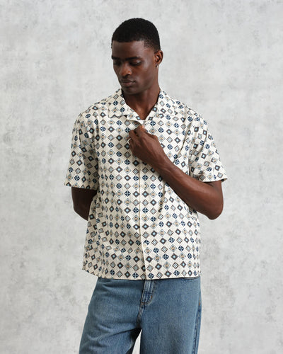 Didcot Seersucker Shirt - Ecru And Multicolour Geometric Tile