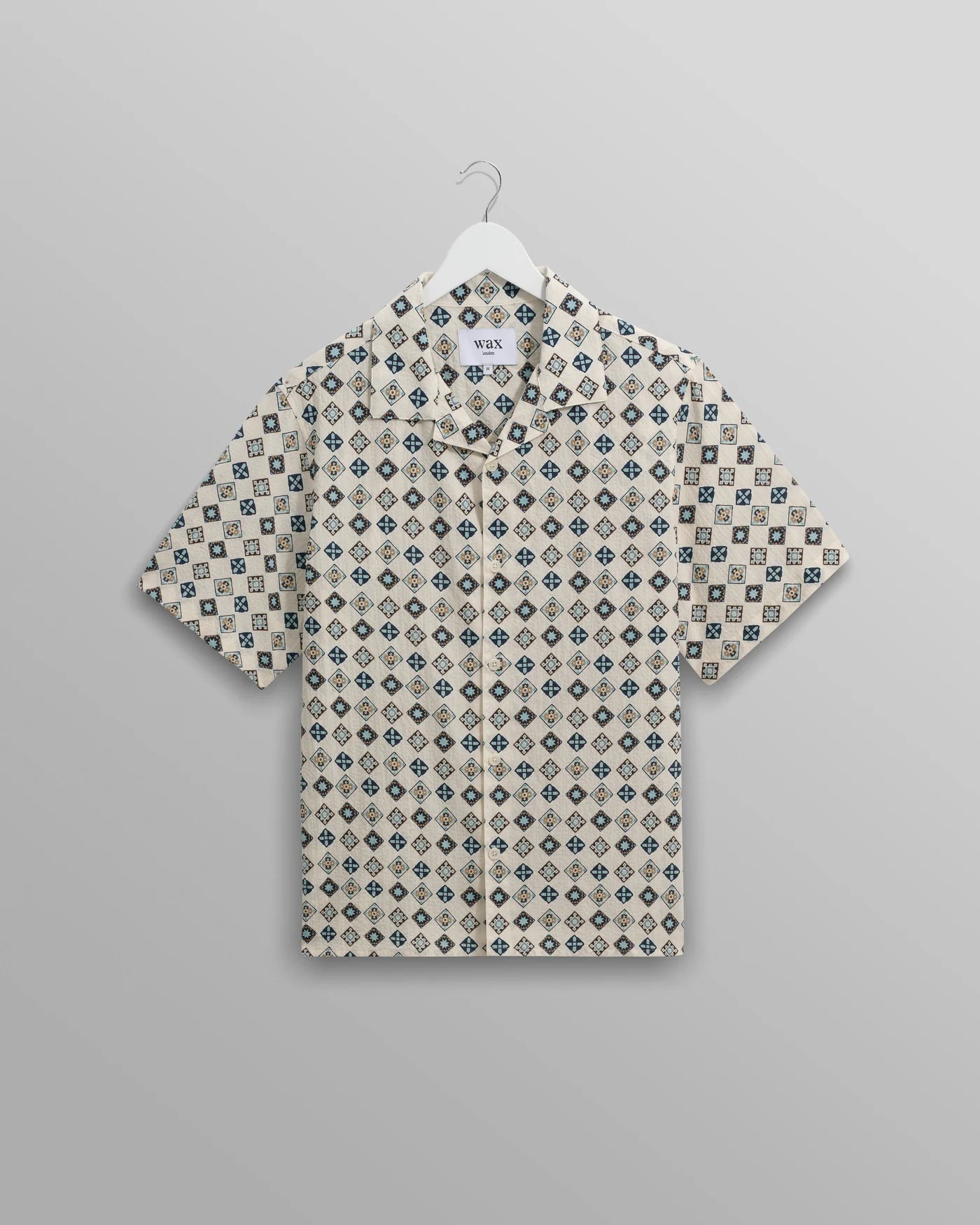 Didcot Seersucker Shirt - Ecru And Multicolour Geometric Tile