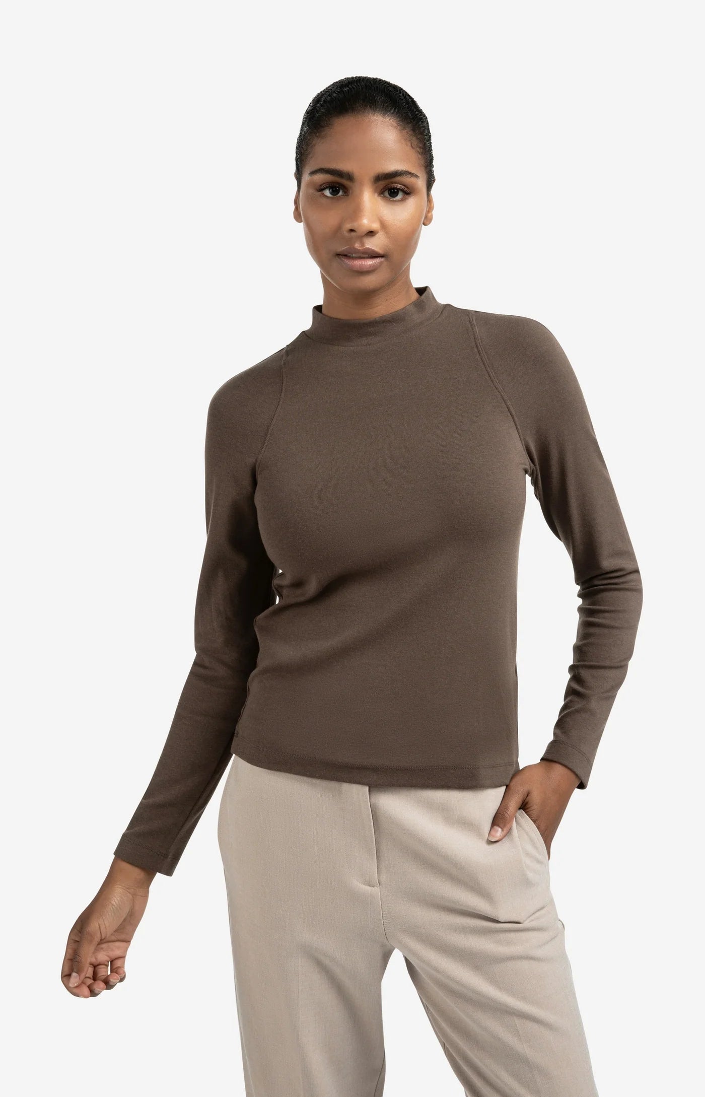 Long Sleeve Mock Neck Top - Brown