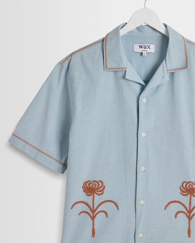 Keats Shirt Dahlia Embroidery - Light Blue / Rust
