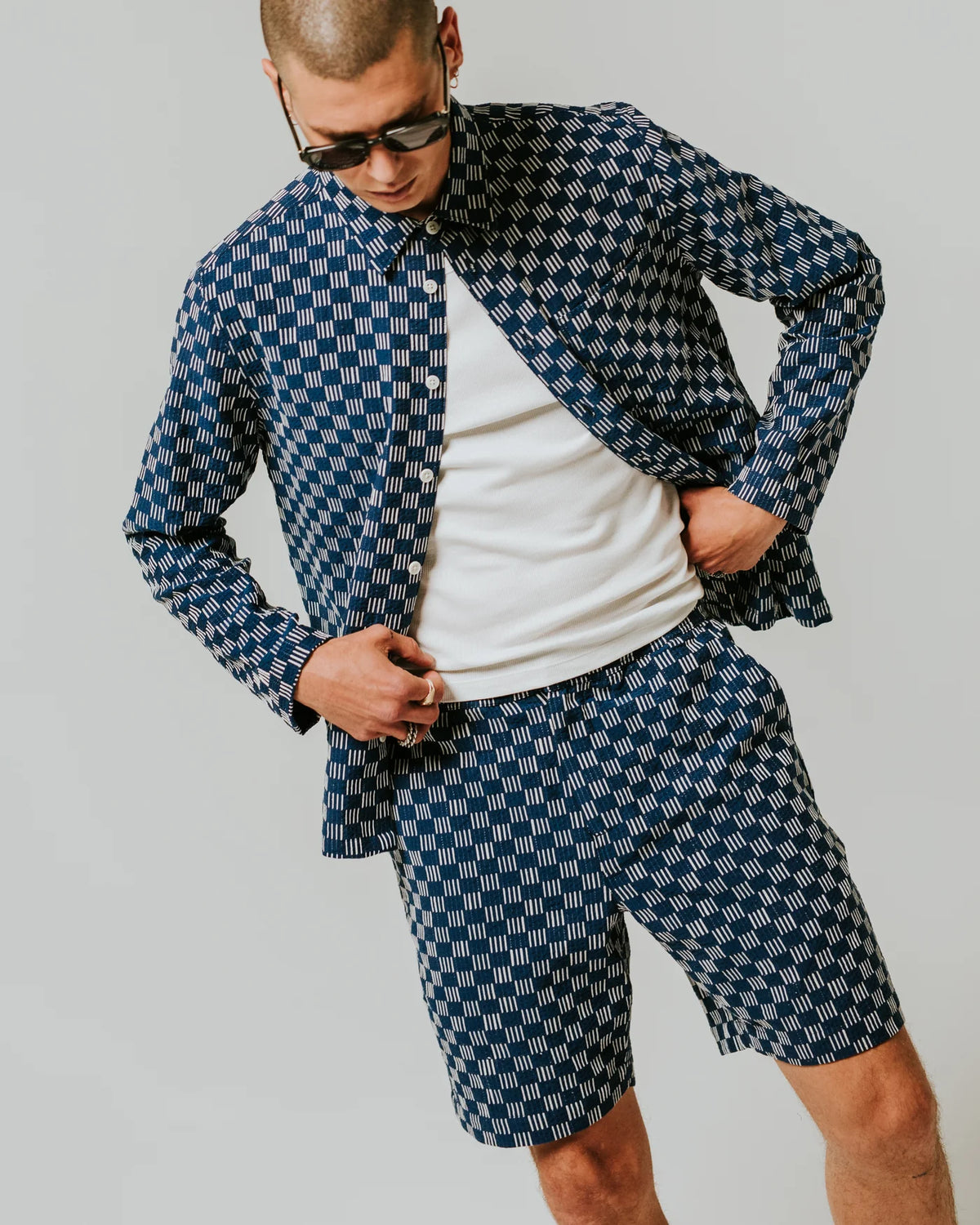 Kurt Shorts - Indigo And Ecru Geometric Grid Stitch