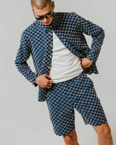 Kurt Shorts - Indigo And Ecru Geometric Grid Stitch