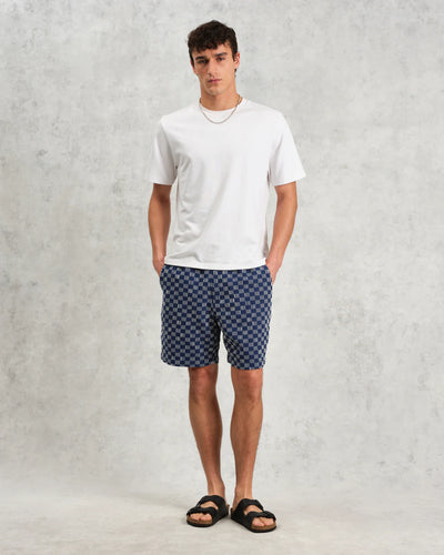 Kurt Shorts - Indigo And Ecru Geometric Grid Stitch
