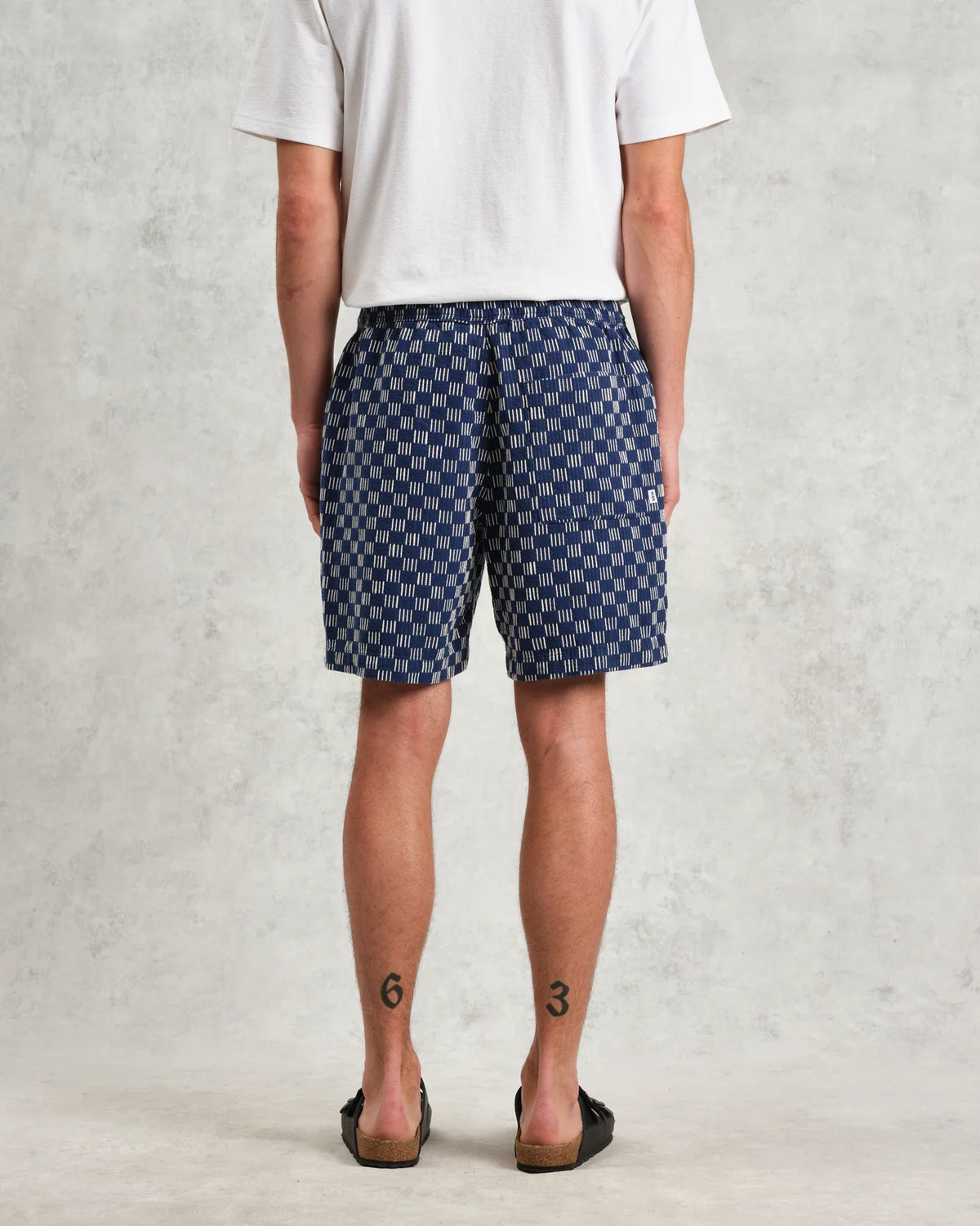 Kurt Shorts - Indigo And Ecru Geometric Grid Stitch