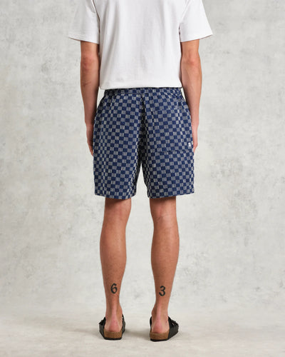 Kurt Shorts - Indigo And Ecru Geometric Grid Stitch