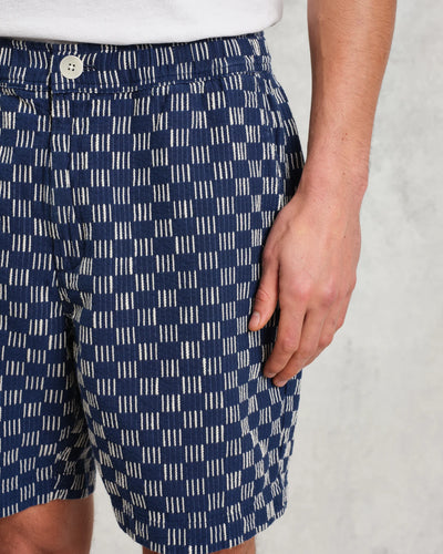 Kurt Shorts - Indigo And Ecru Geometric Grid Stitch