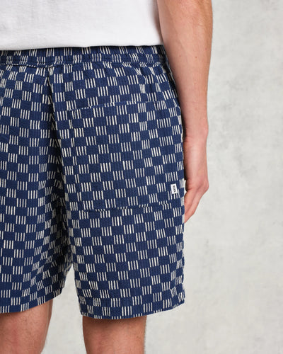Kurt Shorts - Indigo And Ecru Geometric Grid Stitch