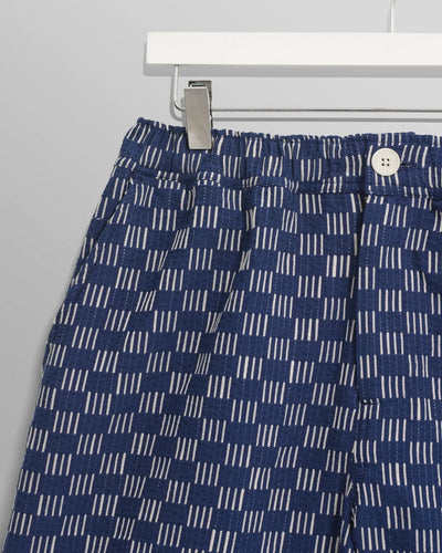 Kurt Shorts - Indigo And Ecru Geometric Grid Stitch