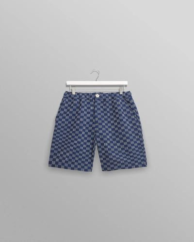 Kurt Shorts - Indigo And Ecru Geometric Grid Stitch