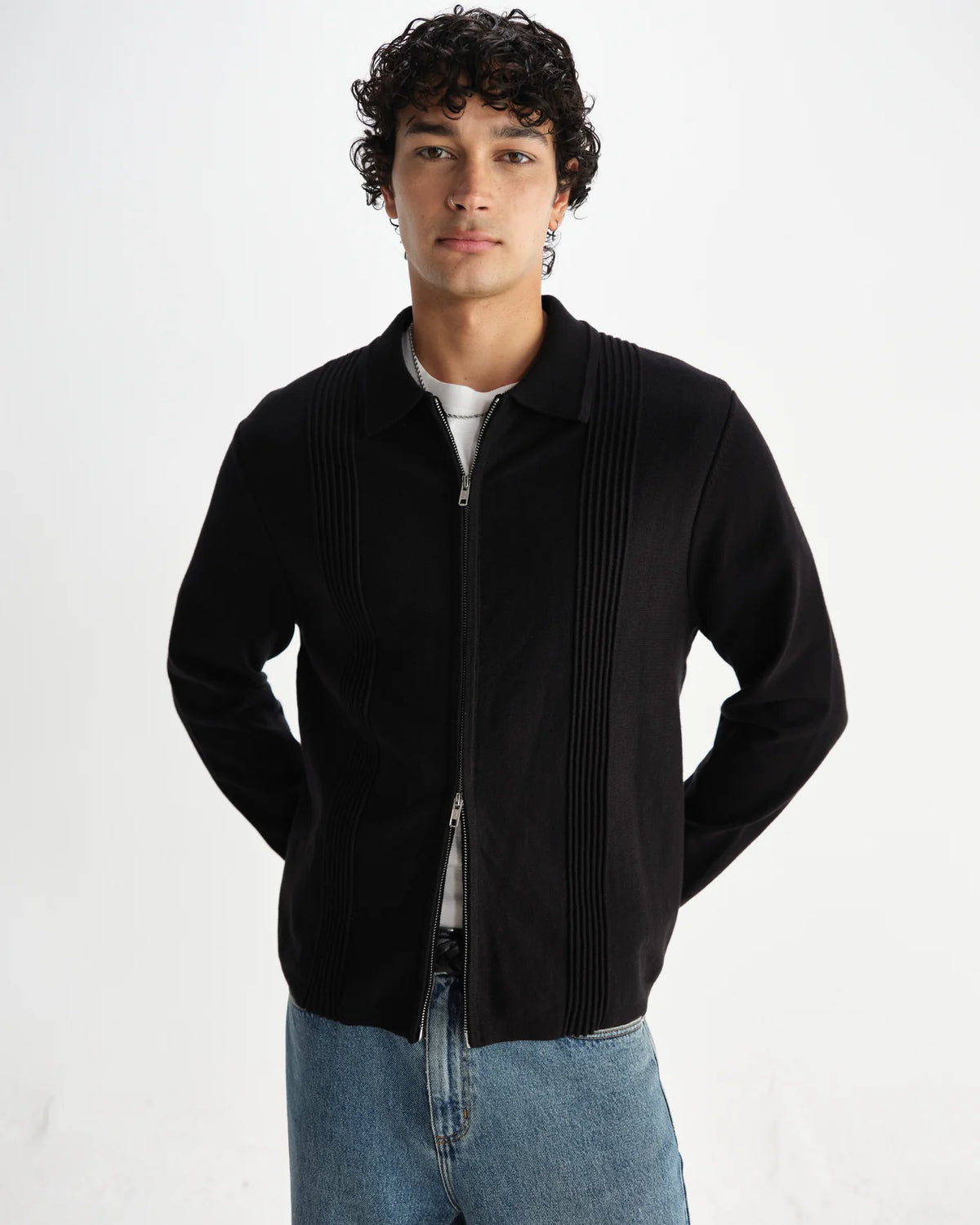 Lennox  Striped Zip Polo - Black