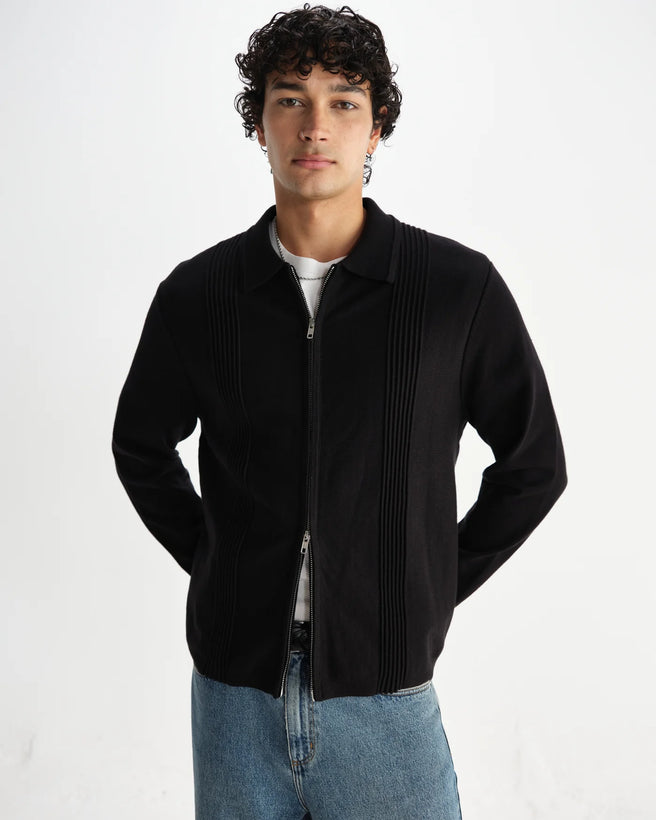 Lennox  Striped Zip Polo - Black