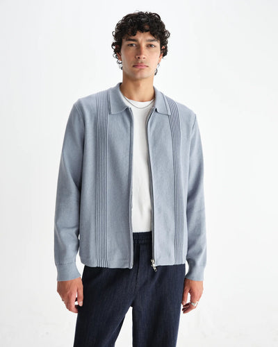 Lennox Striped Zip Polo - Grey Blue Milano