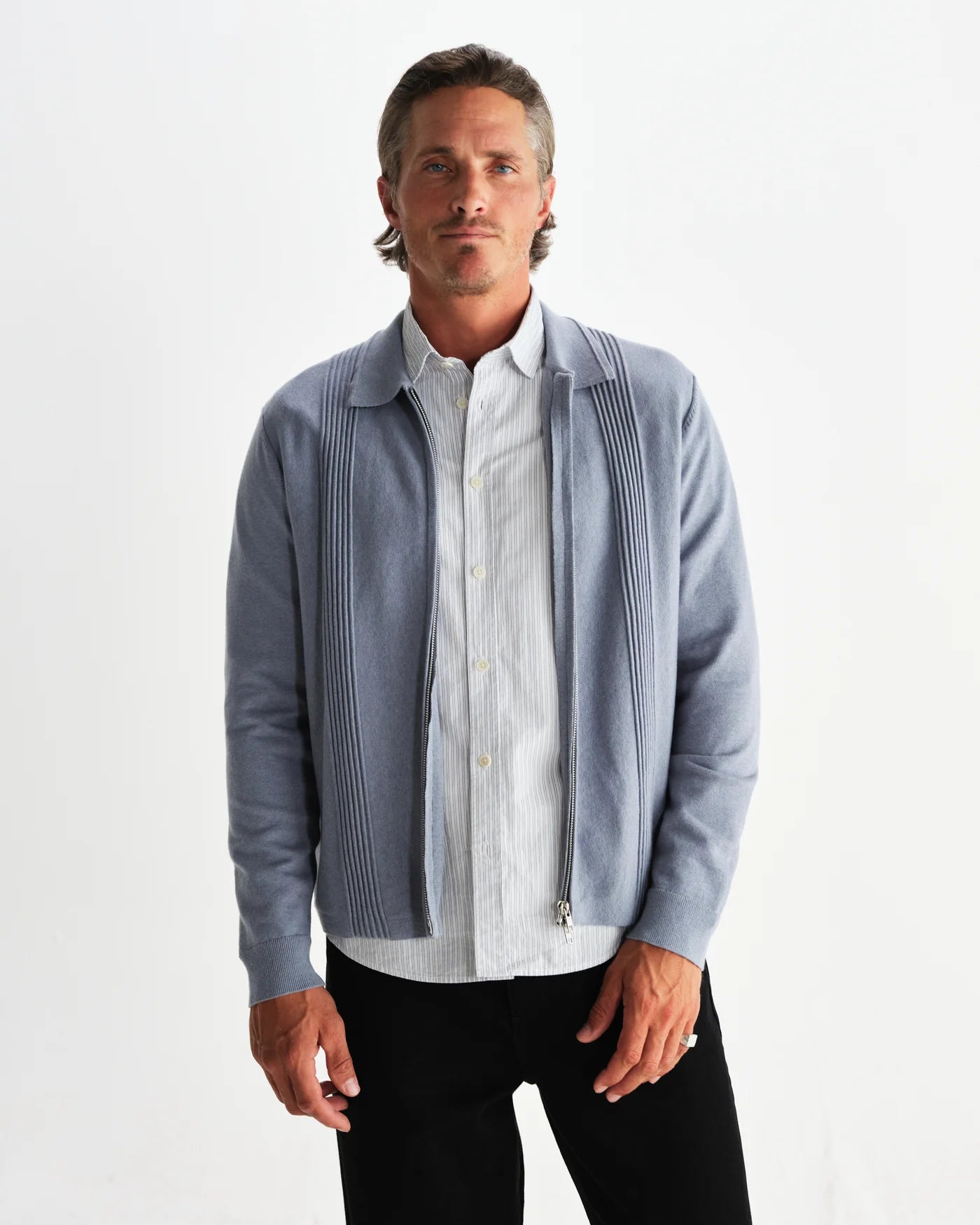 Lennox Striped Zip Polo - Grey Blue Milano