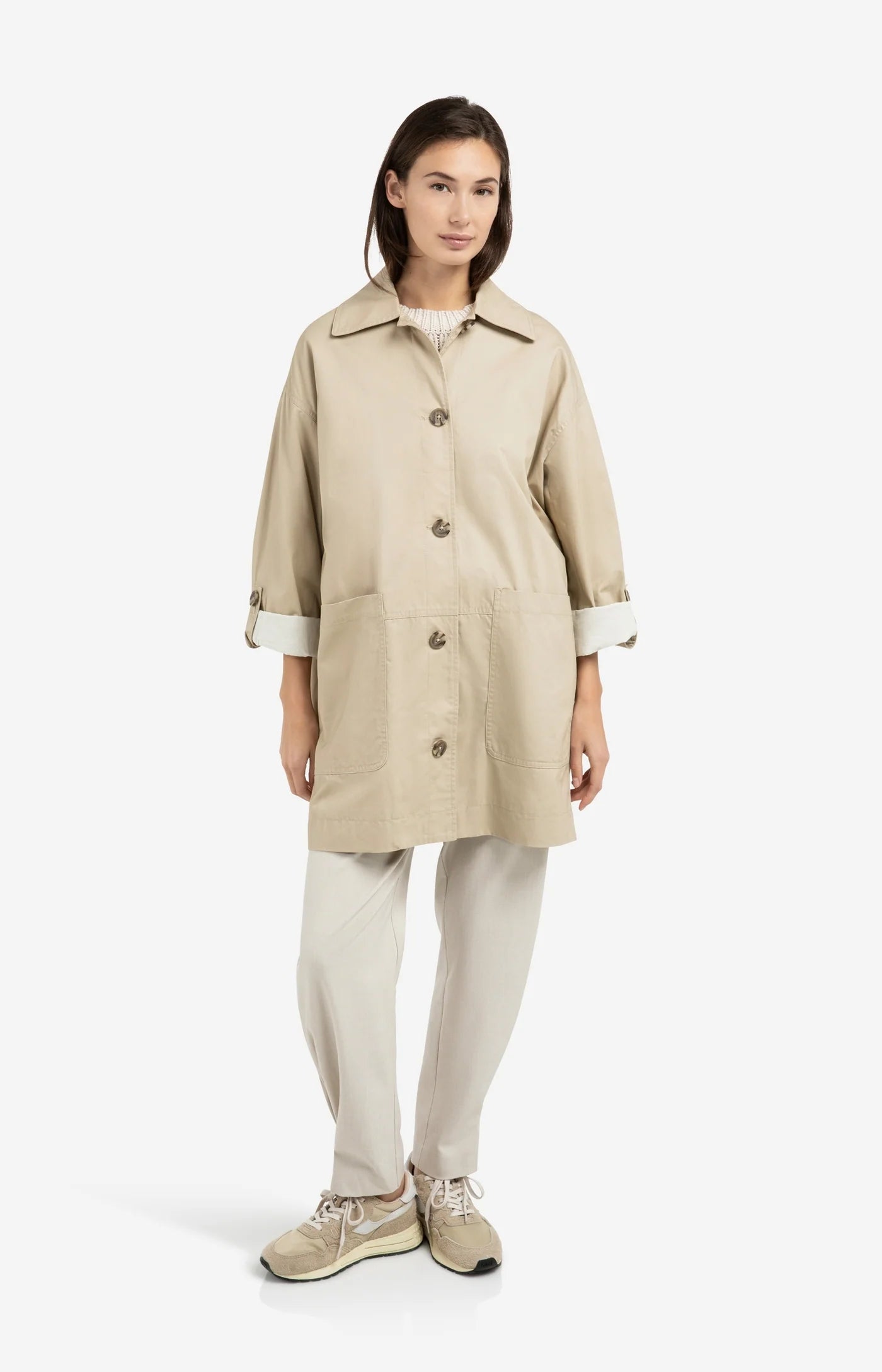 Oversized Cotton Trench Jacket - Sandstone Beige