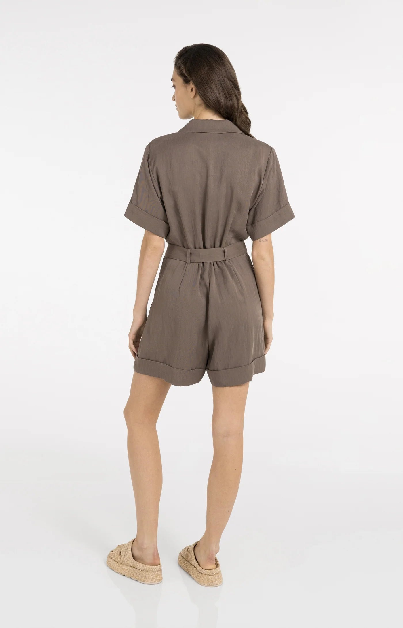 Playsuit with Double Button Closure  & Belt - Washed Brown