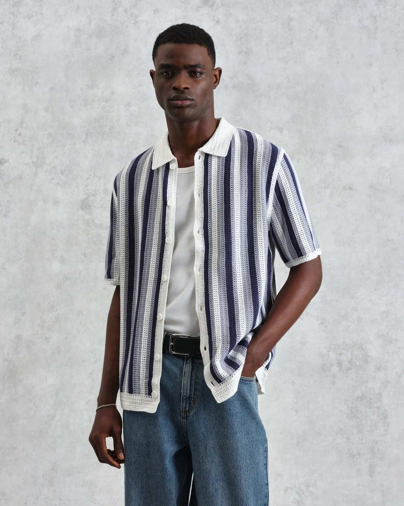 Porto Crochet Knitted Shirt - Blue & Ecru