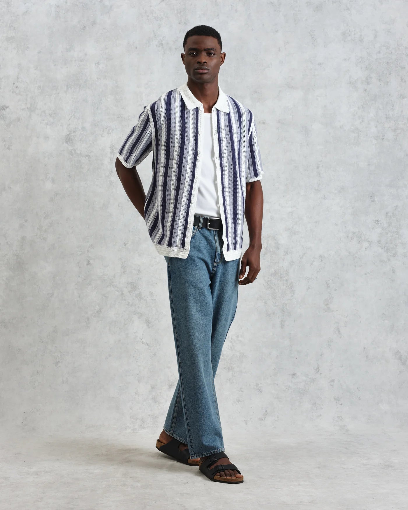 Porto Crochet Knitted Shirt - Blue & Ecru