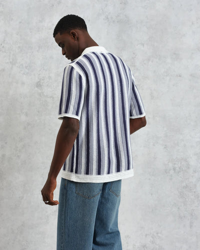 Porto Crochet Knitted Shirt - Blue & Ecru