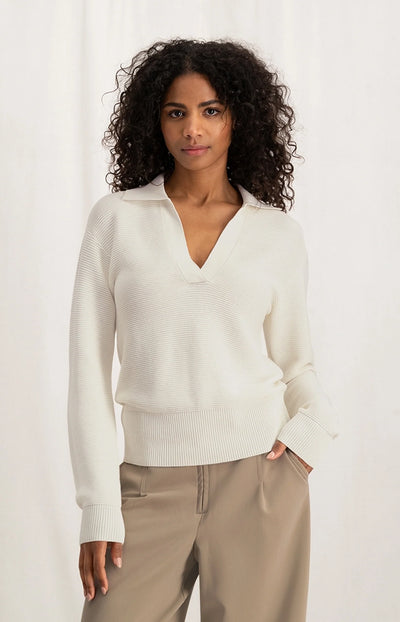 Rib Sweater with Collar - Ivory White